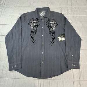 Xtreme Couture Button Down Shirt with Tribal Skull Cross Graphic